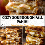 Golden sourdough apple cheddar panini on a wooden board with melted cheese for a cozy fall panini recipe